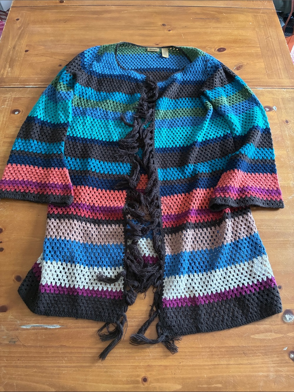 Wrangler Multicolor Striped Open-Front Crochet Fringe Long Cardigan Large